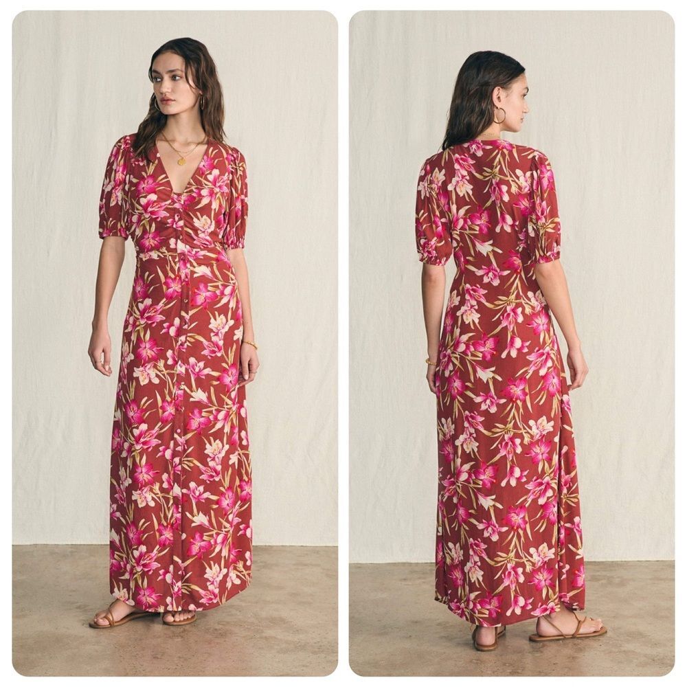 Faherty Burgundy Floral Sorrento Print Maxi Dress L